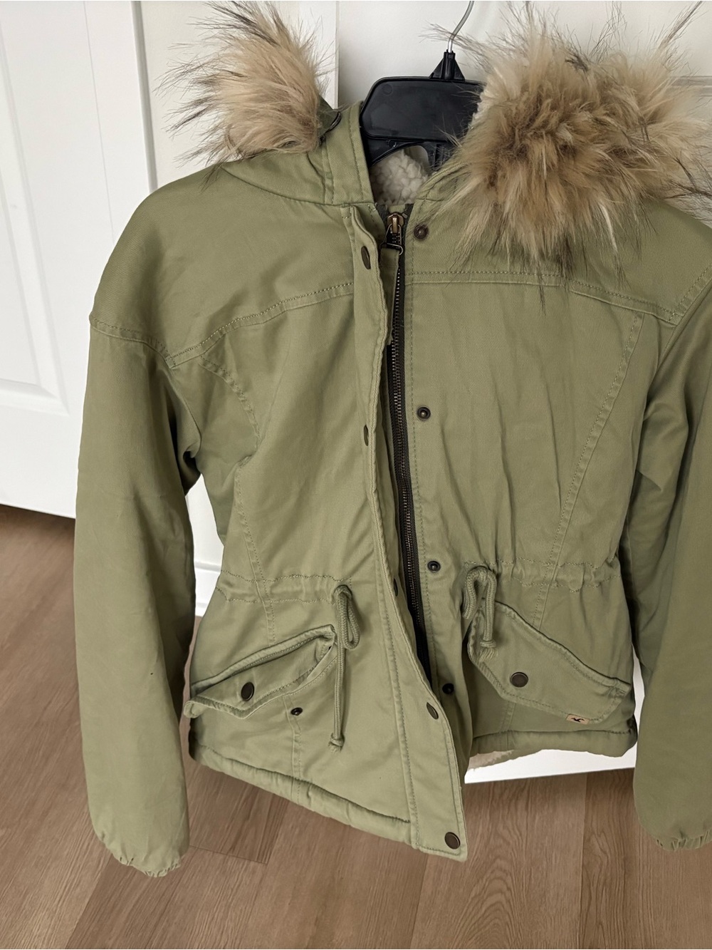 Olive Green Women's Hooded Parka Jacket with Faux Fur Trim - Hollister